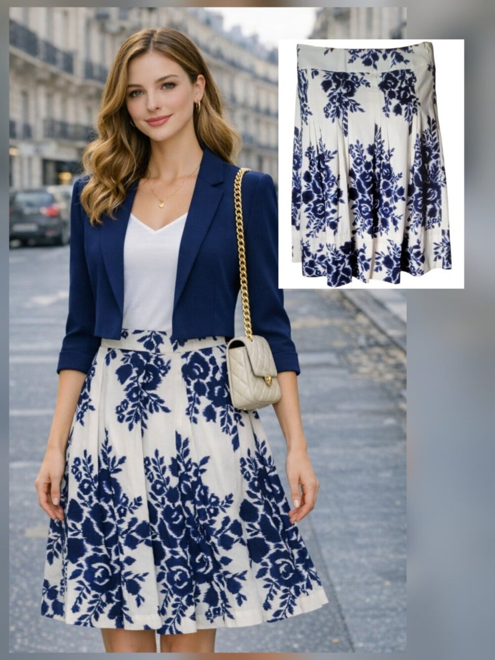 Talbots Ivory & Navy Floral Pleated Flared Skirt – Parisian Chic A-Line Sz 10